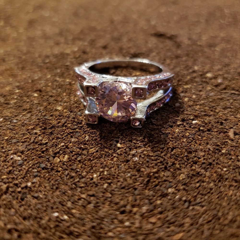 Pink Crystal Rhinestone Ring, Size 8, Silvertone